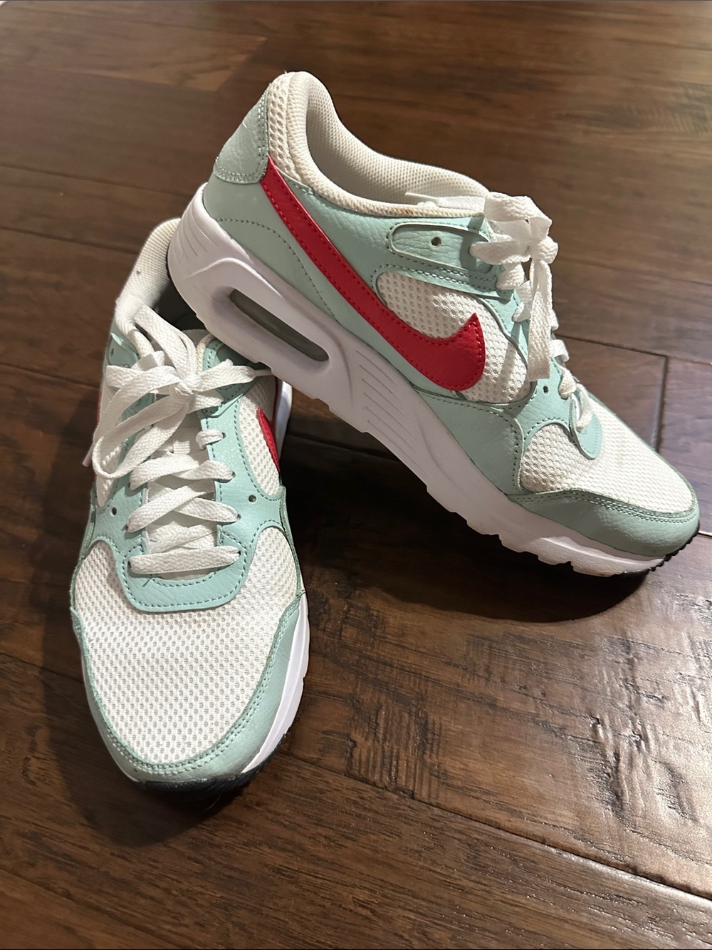 Nike Women's Air Max Mint and White Athletic Sneakers with Red Swoosh